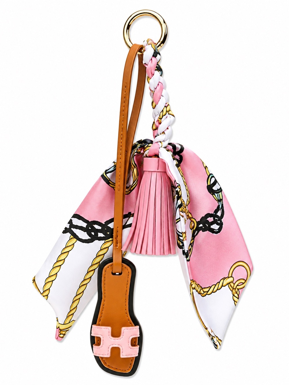 Pink & White Silk Scarf Keychain with Tan Leather Charm